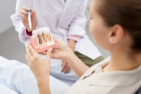 Dentist instructs patient with dental implant model